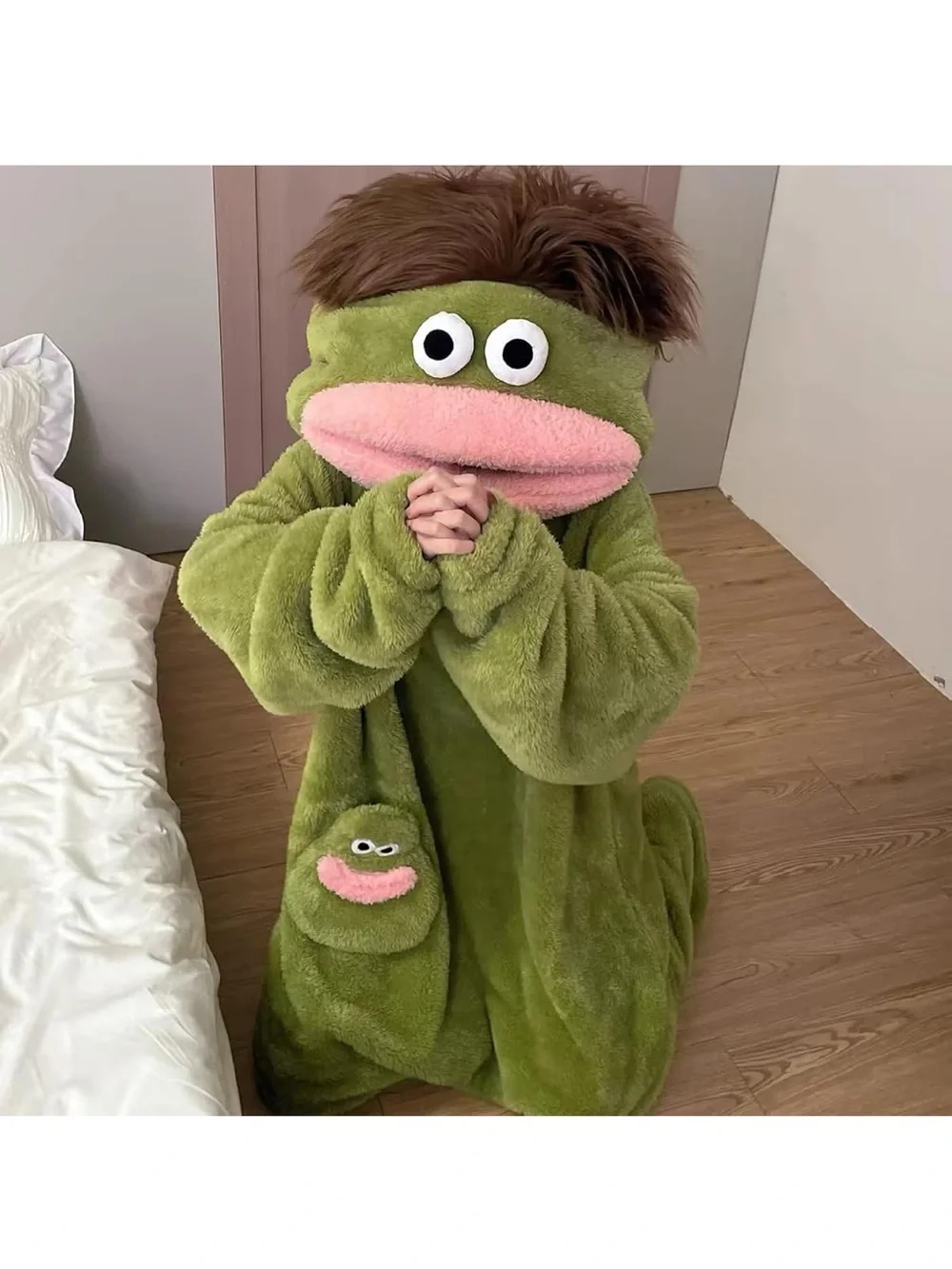 Green Plush Frog Pajama Onesie with Hood and Pocket - Unbranded
